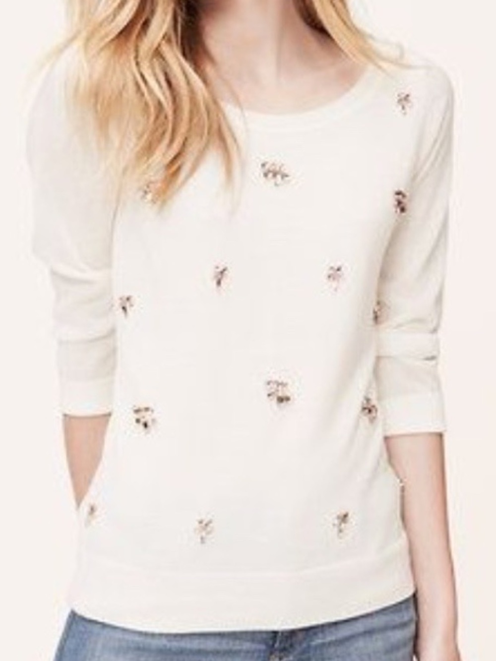 LOFT Delicate Jeweled Pullover Rhinestone Accented Sweater Ivory Size Small